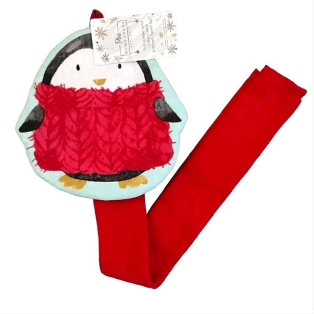 Pbs Home Goods Red Christmas Penguin Pot Holder Detachable Towel Set NWT